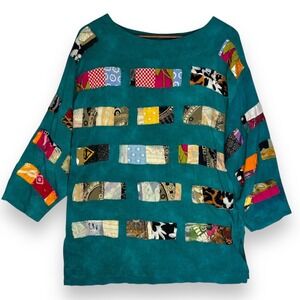 Theo Vtg Patchwork Top Rayon Boho Festival Colorful Blouse‎ Teal Green L FLAWED